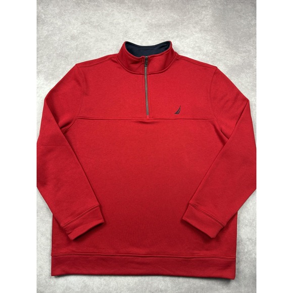 Nautica Sweater Mens 2XL Red Quarter Zip Mock Neck Pullover Fleece Logo - Picture 1 of 16